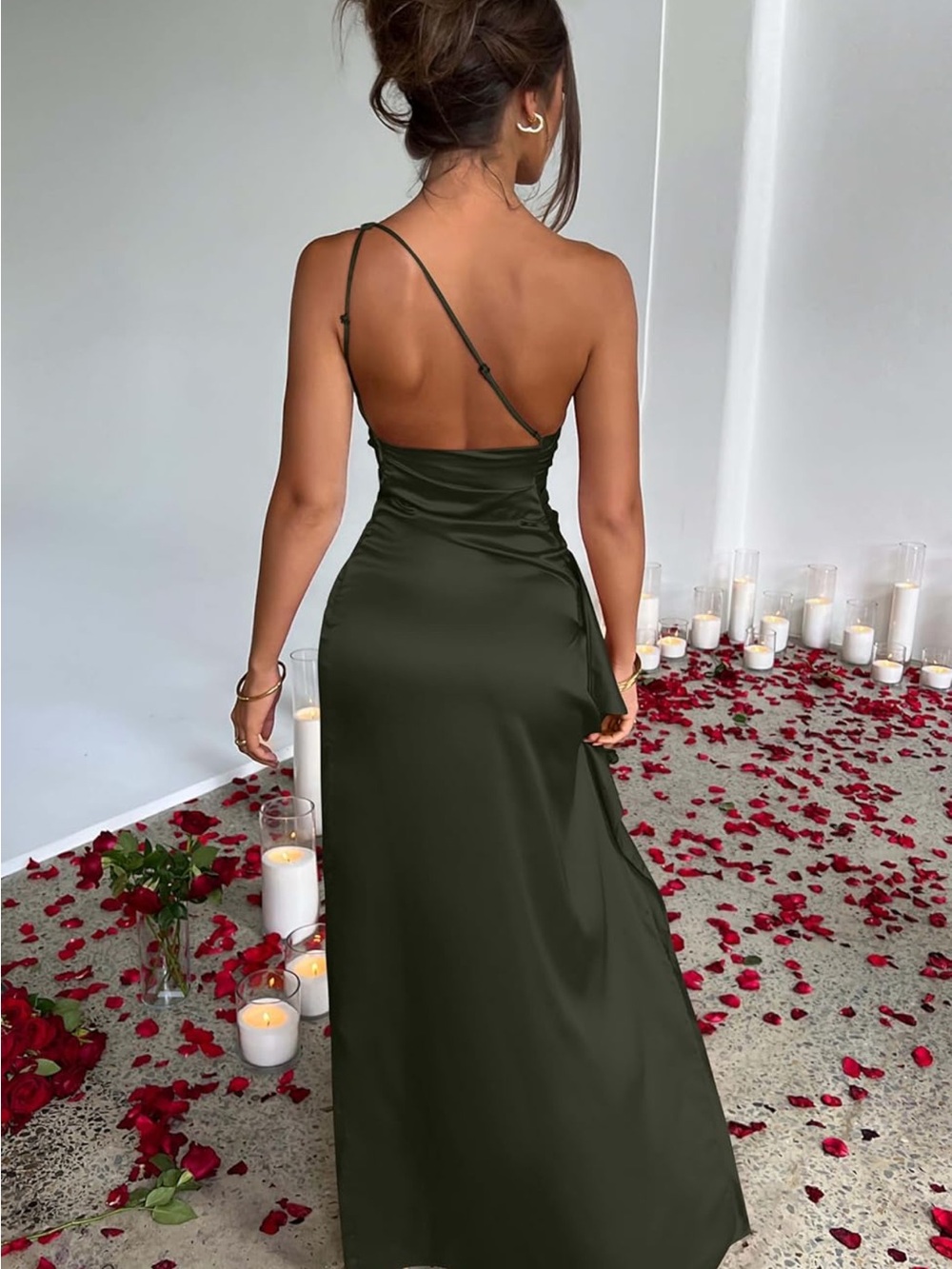 Olive Green One Shoulder Satin Maxi Dress High Slit Formal Evening XL M - Picture 2 of 16